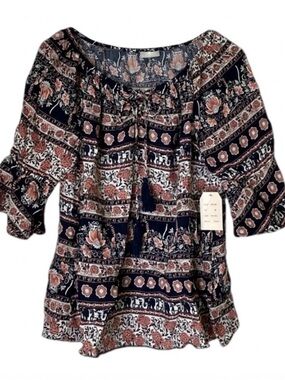 BAILEY & CHLOE Floral Print Peasant Boho Blouse, Women’s M, Navy Coral White